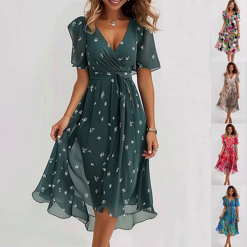 Linne | Stilfuld Blomstret Midi Kjole l Vanero