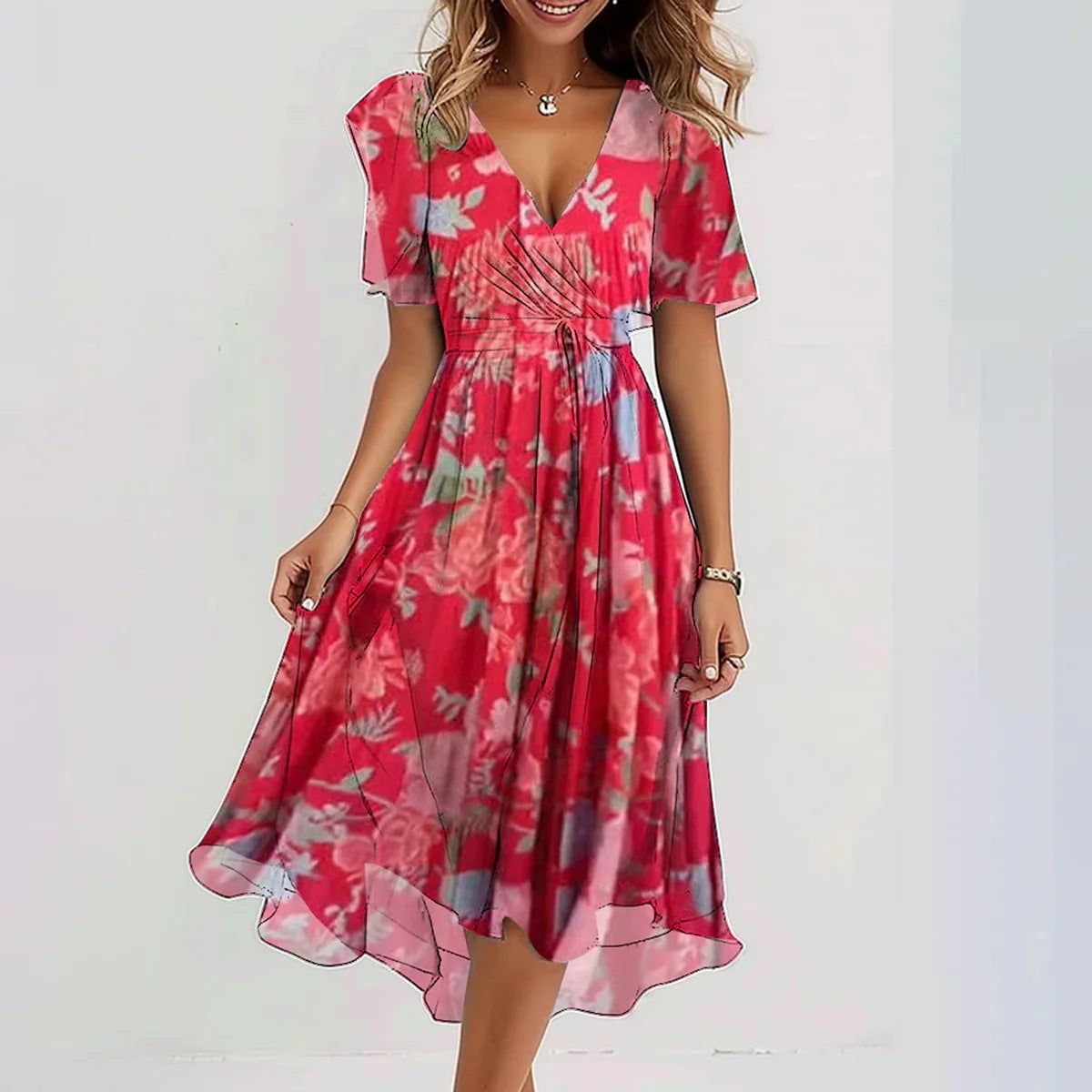 Linne | Stilfuld Blomstret Midi Kjole l Vanero