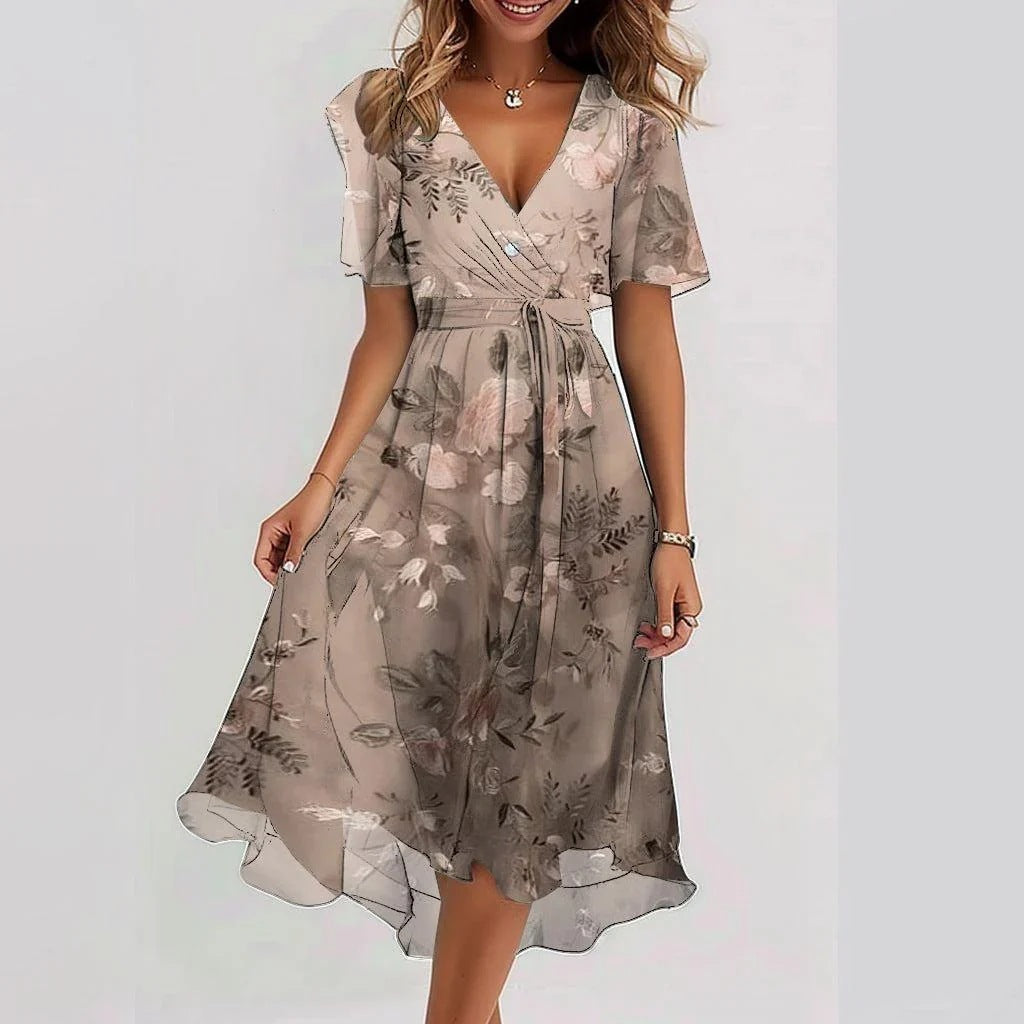 Linne | Stilfuld Blomstret Midi Kjole l Vanero