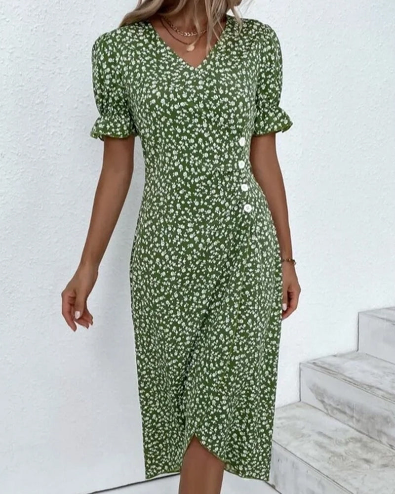 Rosa | Stilfuld Blomsterprintet V-hals Wrap Kjole l Vanero