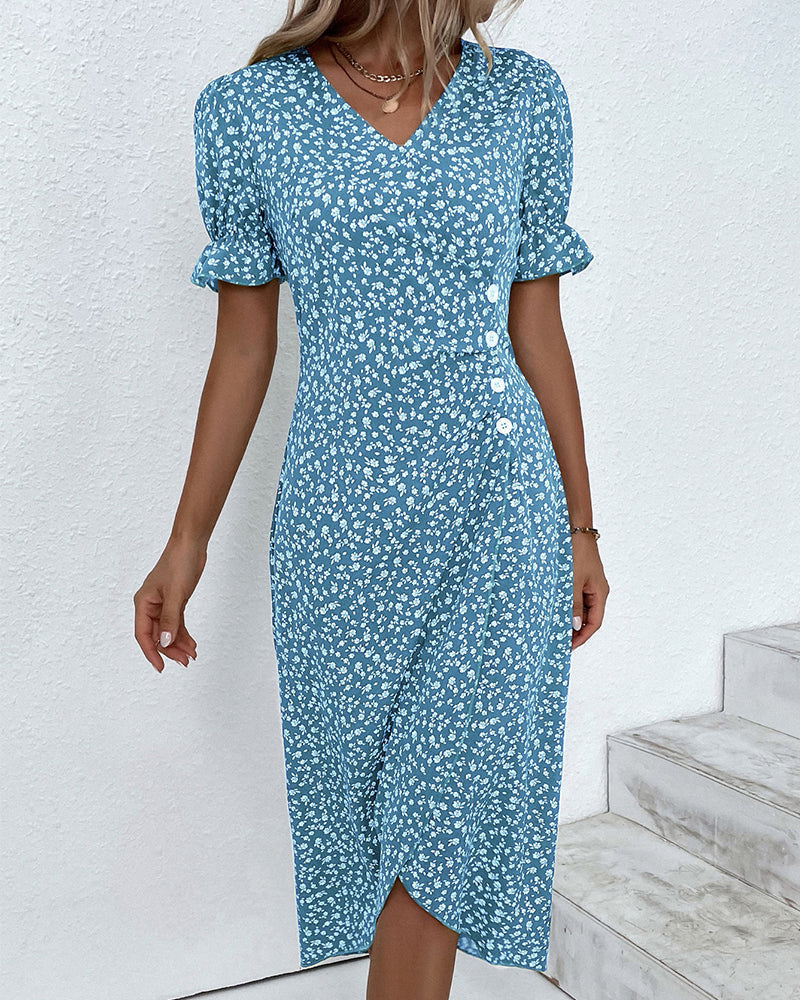 Rosa | Stilfuld Blomsterprintet V-hals Wrap Kjole l Vanero