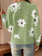 Damecardigan Strikmateriale | Regular Fit Cardigan | Blomstermønster Med V-Hals Knaplukning til Hverdagsbrug | Vanero