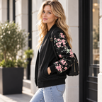 Dame Bomberjakke Med Blomsterærmer | Lynlås & Sidelommer | Langærmet Casual Jakke Til Hverdag, Forår & Efterår | Vanero
