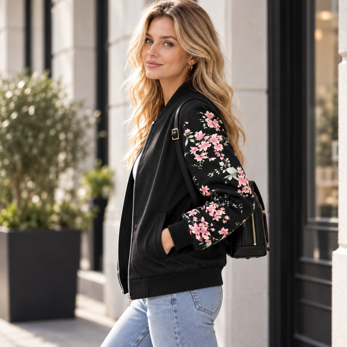 Dame Bomberjakke Med Blomsterærmer | Lynlås & Sidelommer | Langærmet Casual Jakke Til Hverdag, Forår & Efterår | Vanero