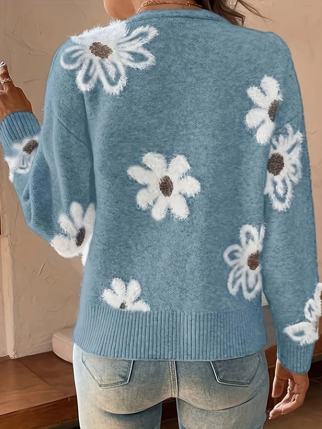 Damecardigan Strikmateriale | Regular Fit Cardigan | Blomstermønster Med V-Hals Knaplukning til Hverdagsbrug | Vanero