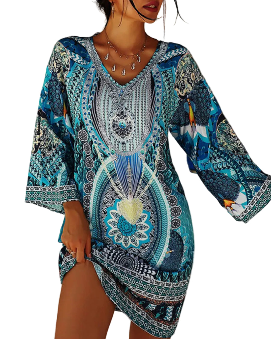 Dame Boho Kjole | Løstsiddende Langærmet Sommerkjole Med Print | Hverdagsbrug Og Ferie | Vanero