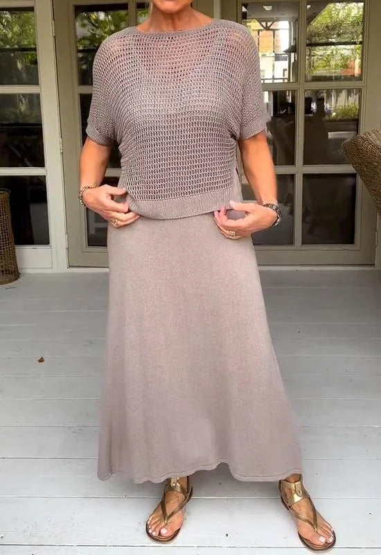 LaceFusion Tekstilmateriale | Regular Fit Kjolesæt | Kjole med Seler & Hulbluse til Hverdagsbrug & Arrangementer | Vanero