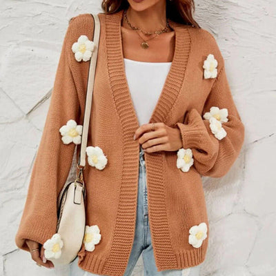 Blomstret Strikket Cardigan | Polyester | Brun, Blomsterdetaljer, Komfortabel l Vanero