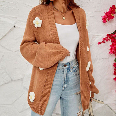 Blomstret Strikket Cardigan | Polyester | Brun, Blomsterdetaljer, Komfortabel l Vanero
