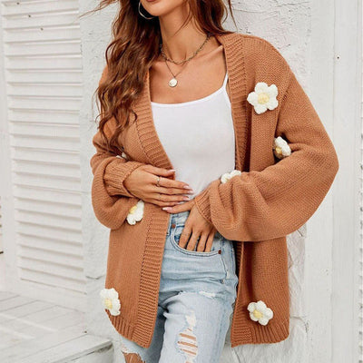 Blomstret Strikket Cardigan | Polyester | Brun, Blomsterdetaljer, Komfortabel l Vanero