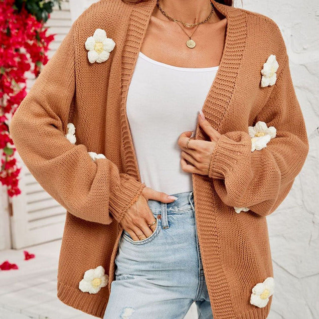Blomstret Strikket Cardigan | Polyester | Brun, Blomsterdetaljer, Komfortabel l Vanero