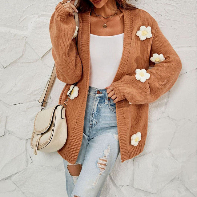 Blomstret Strikket Cardigan | Polyester | Brun, Blomsterdetaljer, Komfortabel l Vanero