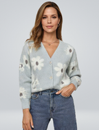 Damecardigan Strikmateriale | Regular Fit Cardigan | Blomstermønster Med V-Hals Knaplukning til Hverdagsbrug | Vanero