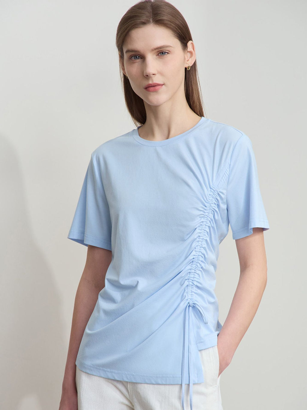 Dame V-Hals Bluse Polyesterblanding | Relaxed Fit Langærmet Top | Justerbar Snøring Til Hverdag & Arbejde | Vanero