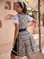 Dame Dirndl Kjole Bomuldsblanding Polyester | Almindelig Pasform Midikjole | Blomstermønster Med Forklæde Til Festivaler & Temafester | Vanero
