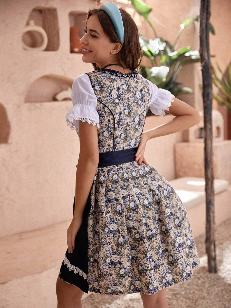 Dame Dirndl Kjole Bomuldsblanding Polyester | Almindelig Pasform Midikjole | Blomstermønster Med Forklæde Til Festivaler & Temafester | Vanero