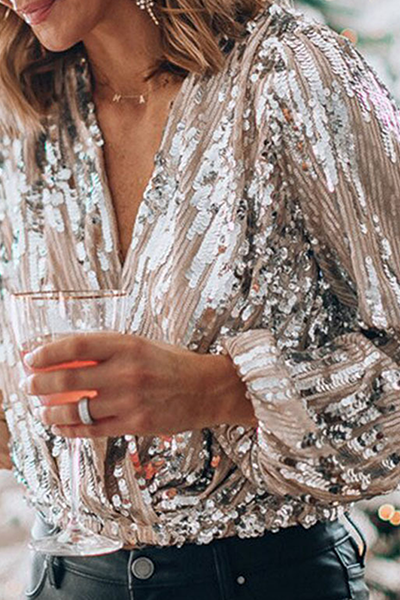 Elegante Patchwork Bluser Med Fald Og Pailletter Og V-Udskæring | Damebluse Mode | Vaner