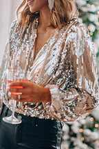 Dame Bluse Polyester | Løs Pasform V-Hals Bluse | Patchwork Med Pailletter Til Hverdag & Aftenbrug | Vanero