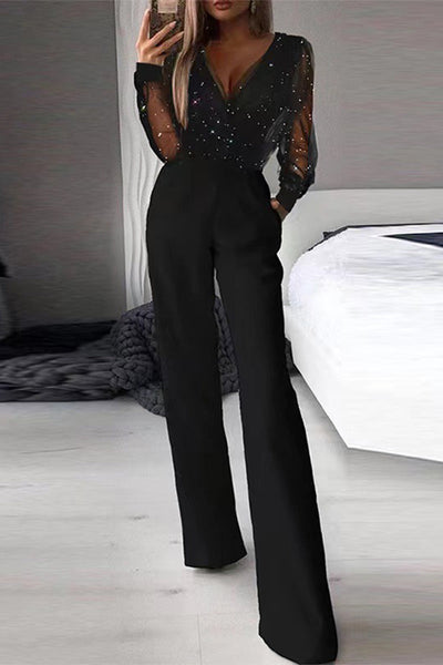 Stilla | sexet elegant patchwork v-hals lige jumpsuits | vanero