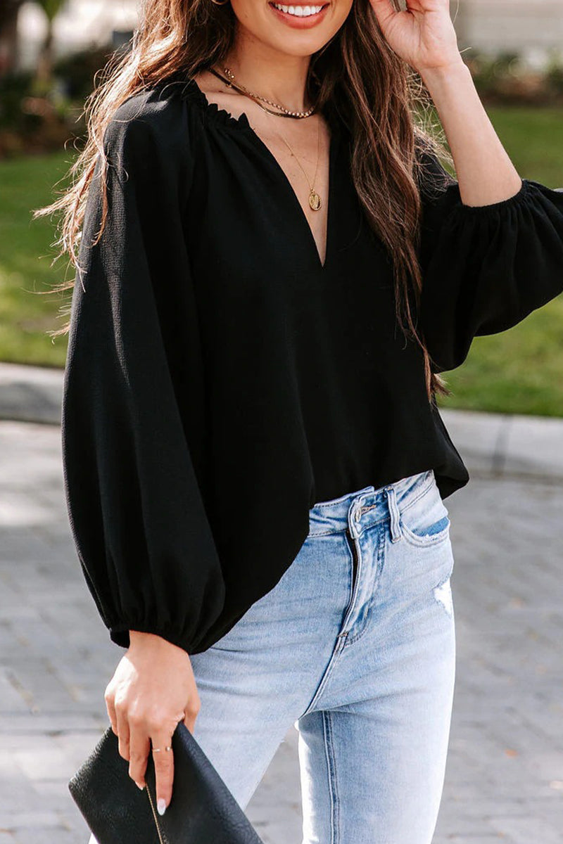Dame Bluse Polyesterblanding | Almindelig Pasform V-Hals Bluse | Ensfarvet Design Til Arbejde & Hverdagsbrug | Vanero