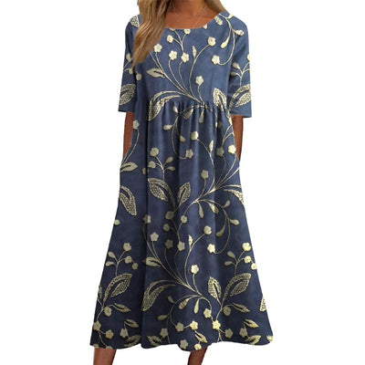 Margit | Stilfuld Floral Broderet Midi Kjole l Vanero