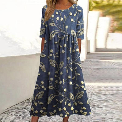 Margit | Stilfuld Floral Broderet Midi Kjole l Vanero