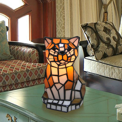Brun Kat Skygge Accentlampe Tiffany Glas | 1 Lys Farverig Bordlampe til Natbord | Vanero