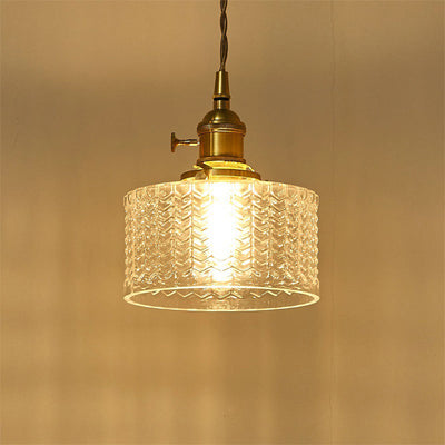 Retro Kort Cylinder Pendellampe | 1 Lyskilde i Klar/Grøn Bølgeformet Glas og Messing Drejekontakt | Vanero