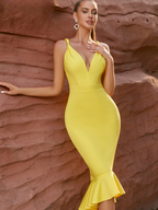 Dame Kjole Polyester Elastanblanding | Bodycon Pasform Minikjole | V-Hals Med Flæsekant Til Sommerbrug & Arrangementer | Vanero