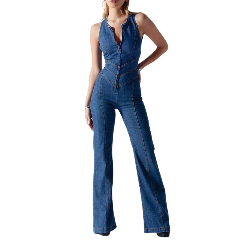 Dame Jumpsuit Denim | Regular Fit Ærmeløs Jumpsuit | Frontlynlås Design til Hverdagsbrug & Weekendaktiviteter | Vanero
