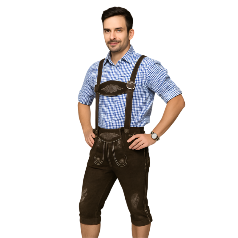Herre Knælange Læderbukser | Trykte Detaljer Med Sidelommer | Til Oktoberfest & Traditionelle Begivenheder | Vanero