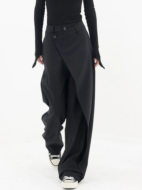 Bukser Bomuld & Polyester | Baggy Pasform Bukser | Brede Ben Med Asymmetrisk Taljedesign til Daglig Brug & Fritid | Vanero