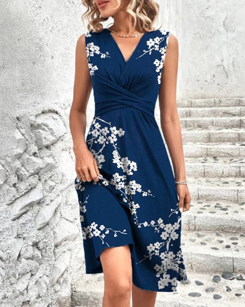 Dame Midi Kjole Let Tekstilmateriale | Relaxed Fit Ærmeløs Midi Kjole | Blomstermønster V-Hals Design til Hverdagsbrug & Sommeraktiviteter | Vanero