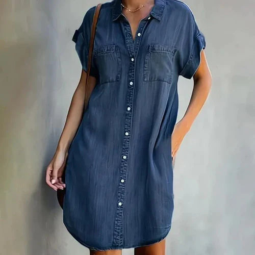 Denim Skjortekjole | Tætsiddende Skjortekjole med Lommer | Hverdagsbrug og Afslappede Aktiviteter | Vanero