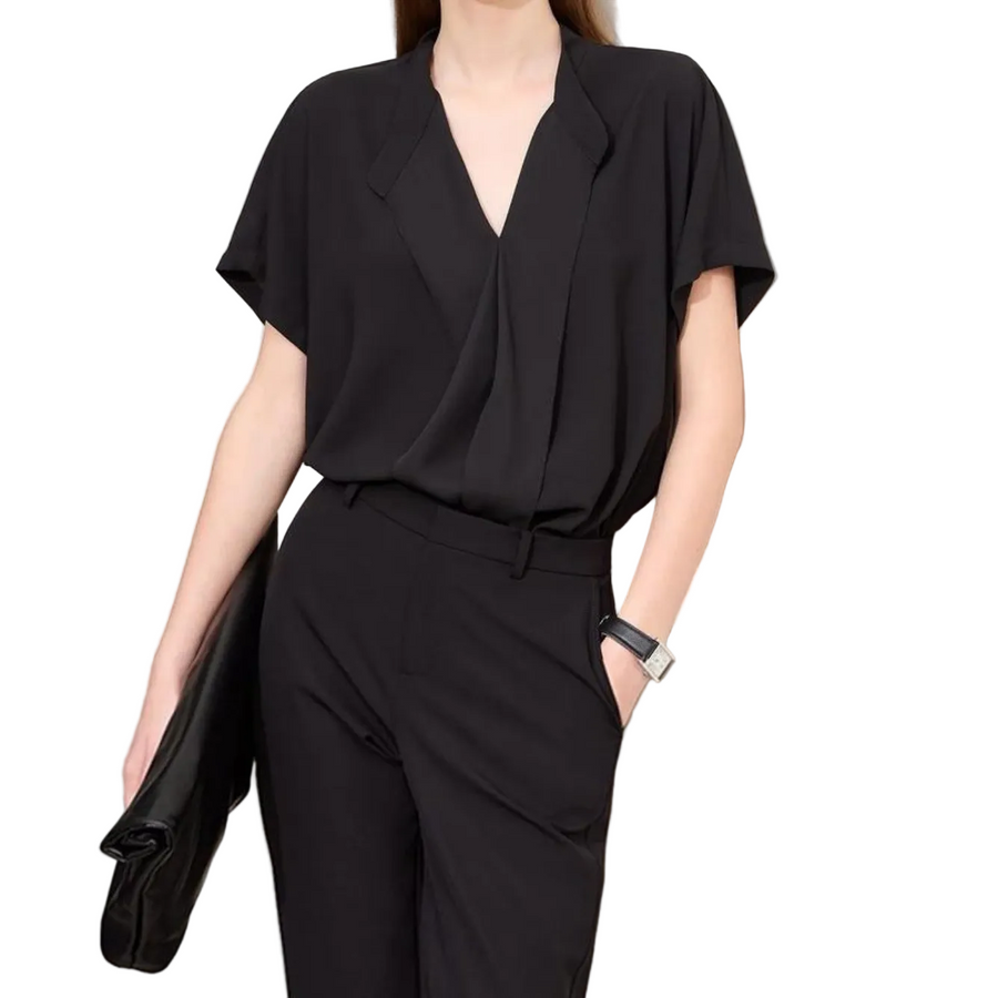 Dame Bluse Polyester Chiffon | Løs Pasform V-Hals Bluse | Kortærmet Design Til Hverdagsbrug | Vanero
