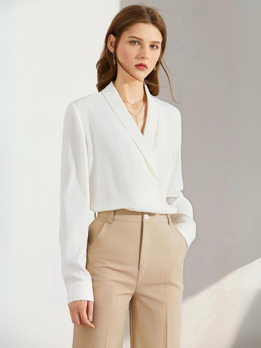 Dame Bluse Chiffonmateriale | Løs Pasform Langærmet Bluse | Asymmetrisk Kant Til Arbejde & Hverdagsbrug | Vanero