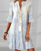 Damekjole Tekstilblanding | Regular Fit Minikjole | Boho Print Spaltkrave Design til Hverdagsbrug & Fritidsaktiviteter | Vanero