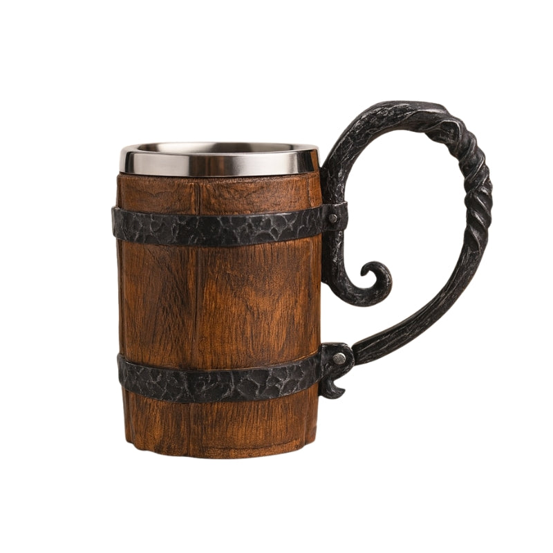 Ølkrus Træ & Rustfrit Stål | 500ml Ølstein Med Tøndedesign | Til Hjemmebar & Oktoberfest | Vanero