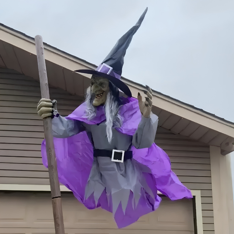 Flyvende Heks Halloween Dekoration | Hængende Heks Med LED-Øjne & Lyd | Til Indendørs & Udendørs Brug | Vanero