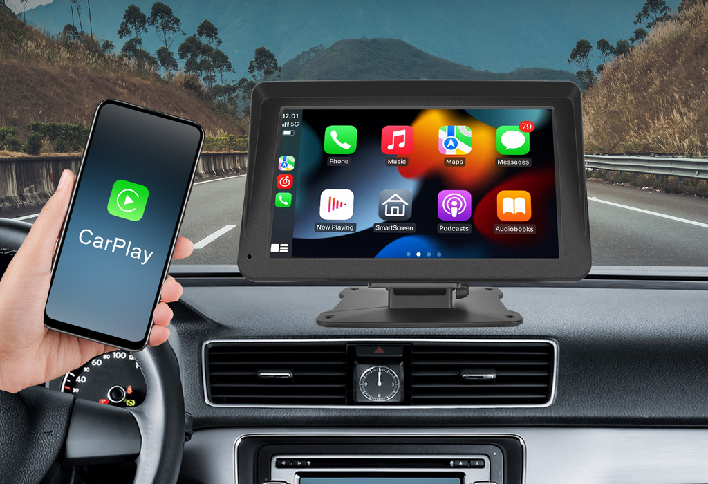 Bærbar Bilskærm Med CarPlay & Android Auto | 7 Tommer HD Displaysystem | Navigation Medier & Håndfri Opkald | Vanero