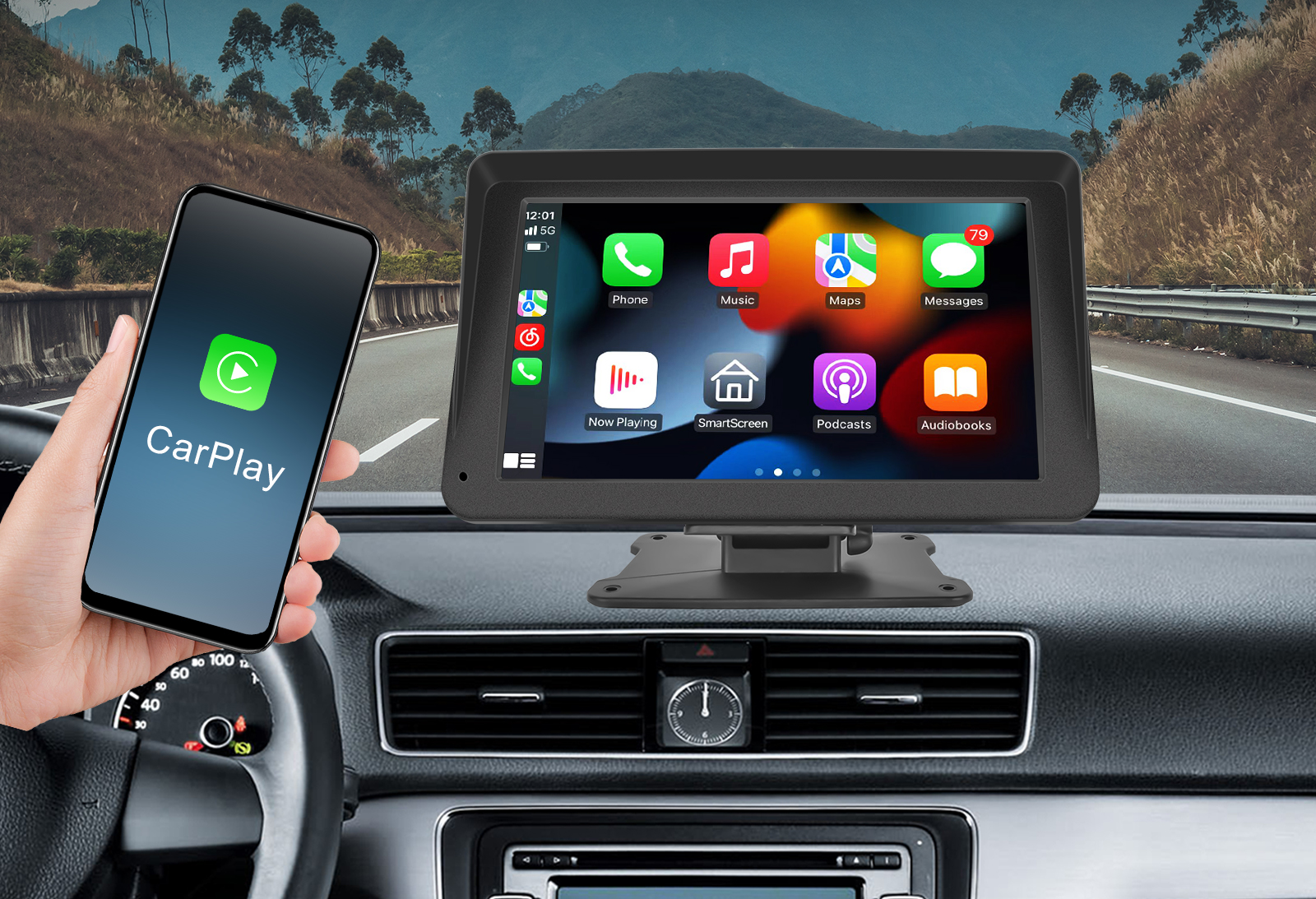 Bærbar Bilskærm Med CarPlay & Android Auto | 7 Tommer HD Displaysystem | Navigation Medier & Håndfri Opkald | Vanero