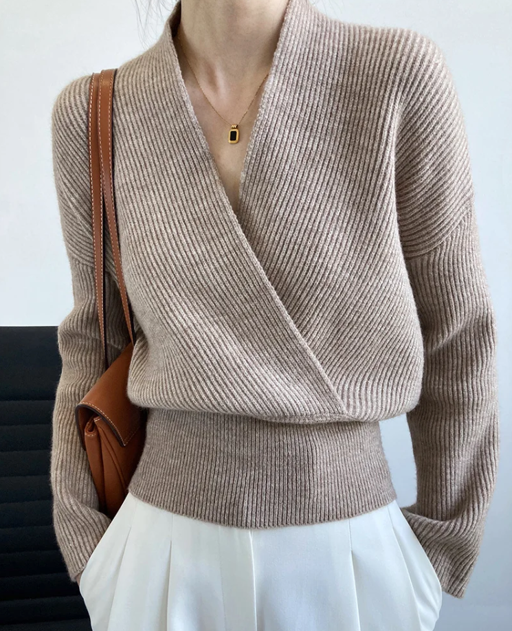 Cropped Vintage Strikblanding | Afslappet Pasform Cropped Sweater | Crossover V-Hals til Hverdagsbrug & Lag-På-Lag Styling | Vanero