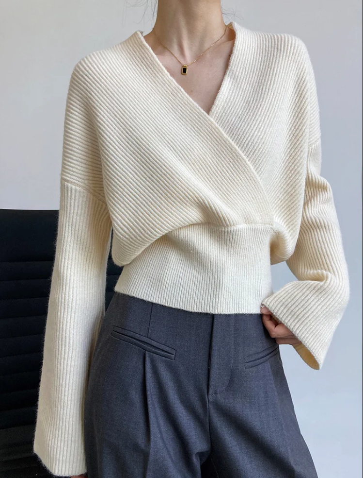 Cropped vintage l crossover sweater med V-hals l Vanero