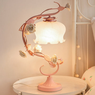 1 Hovedbordlampe i pastoral stil med Hvid | Glasblomst til Natbord med Keramisk Rose til Sengebord | Vanero