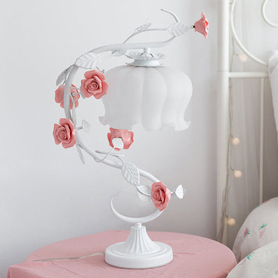 1 Hovedbordlampe i pastoral stil med Hvid | Glasblomst til Natbord med Keramisk Rose til Sengebord | Vanero