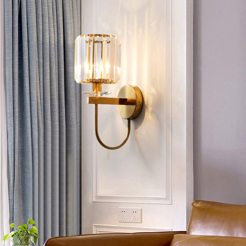 Postmodern Cylindrical Crystal Wall Lamp with Curved Arm | Gold Finish, Single Head | Vanero