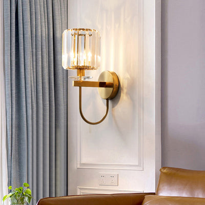 Postmodern Cylindrical Crystal Wall Lamp with Curved Arm | Gold Finish, Single Head | Vanero