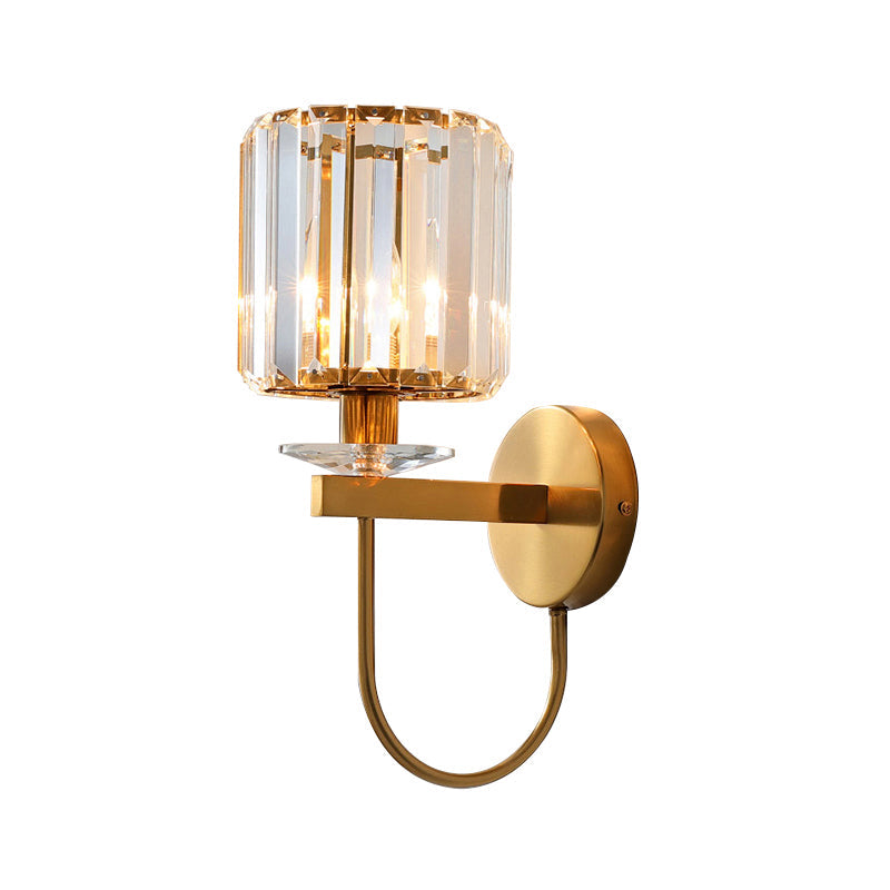 Postmodern Cylindrical Crystal Wall Lamp with Curved Arm | Gold Finish, Single Head | Vanero