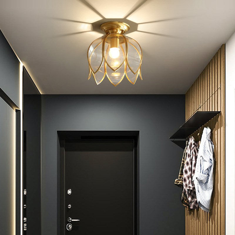Flush Loftlampe Med Glasskærm | Messingfinish & Klar Glas Konstruktion | Indendørs Belysning Til Gang Entré & Korridor | Vanero