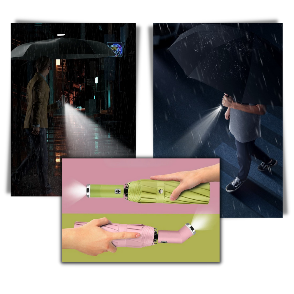 LED-Paraply Med Vindtålig Konstruktion | Automatisk Öppning Och Inbyggd Ficklampa | Skydd Mot Regn Och Sol | Vanero